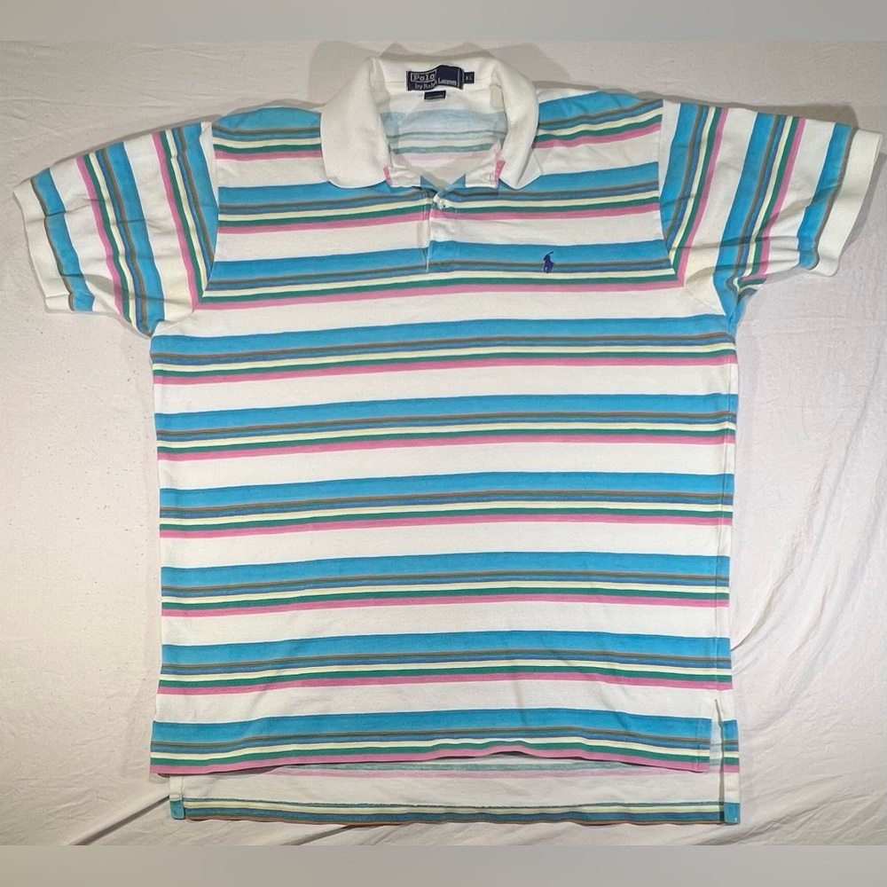 Vintage Blue Candy Striped Ralph Lauren RL Polo Shirt Mens Large size xL